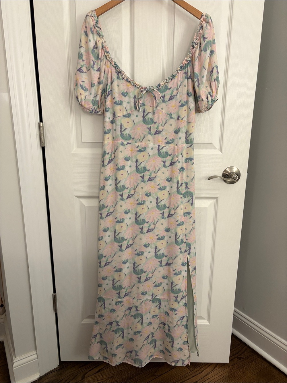 Astr Pastel Pink Floral Puff Sleeve Maxi Dress with Mint Accents